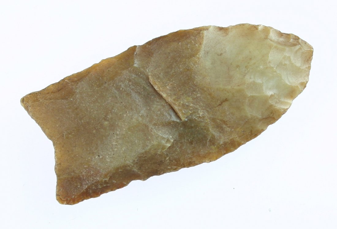 2 5/8" Clovis - Davis COA: Pretty rich caramel colored Carter Cave flint with nice translucency. Found in Kentucky. Davis COA.