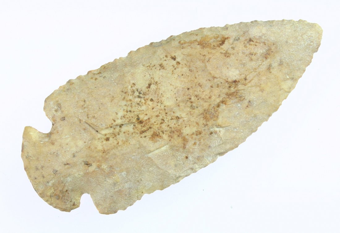 3 3/4" Dovetail - Partain COA: Tan Fort Payne Chert. Nice form and nice mineralization. Provenance listed as Trimble Co., Kentucky. Partain COA also mentions Kennard Farm near Raymond, Ohio. Ex- Robert Barr Collection.