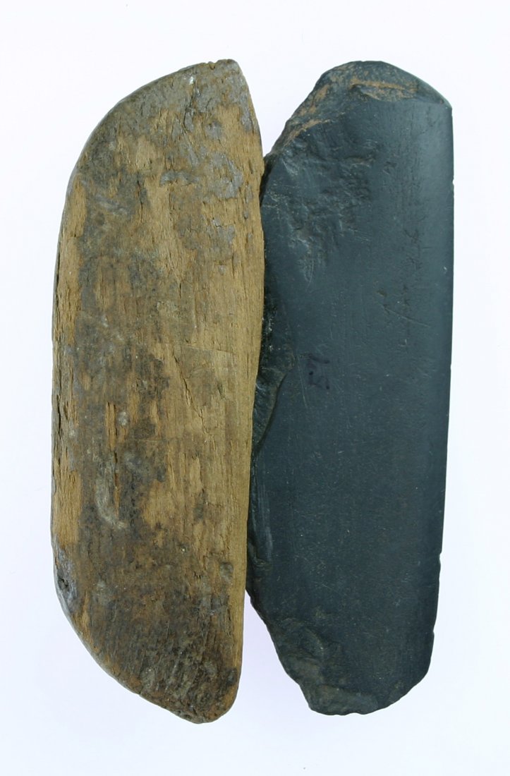 3 7/16" Slate Ulu: Nice Alaskan example. Handle partial but blade has been glued. Great display and incredible edge remaining.