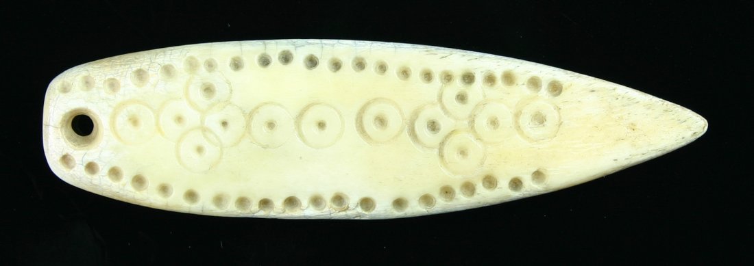 3 7/16" Eskimo/Inuit Net Gauge: Nicely detailed example from Alaska formerly of the Carter Estate. Bone. Likely dating to the 1800's.