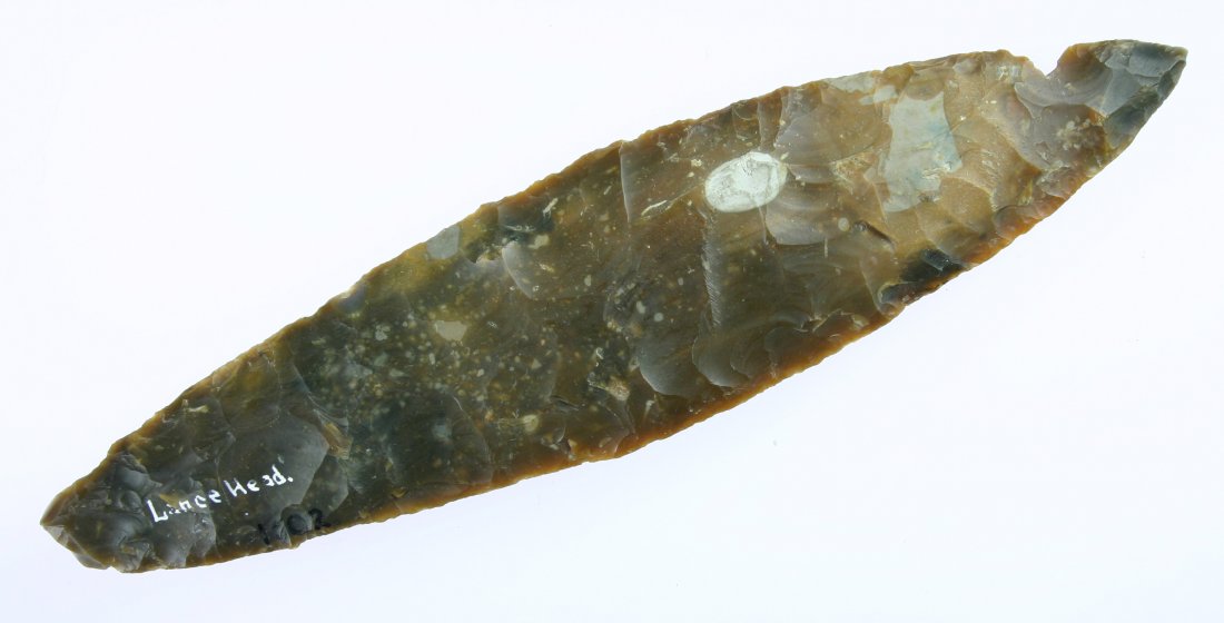 7 1/8" Bipointed Knife - Rogers COA: Creek stained chert example from Green Co., Kentucky which includes a Rogers COA.