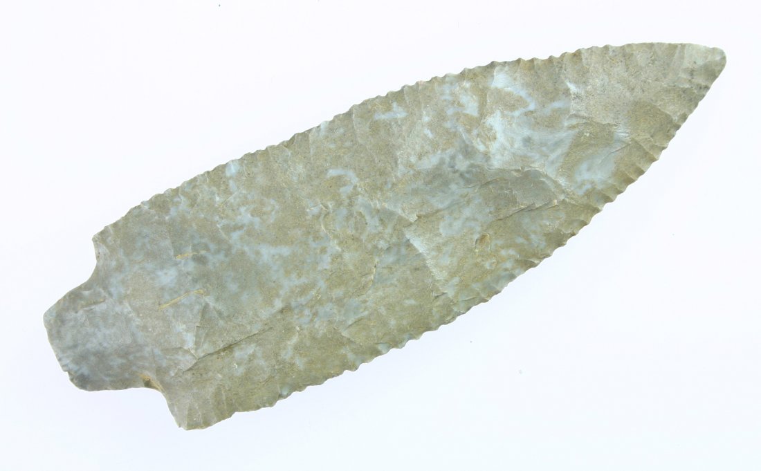 4 3/4" Pickwick - Jackson COA: Mottled blue and tan Fort payne Chert with super serrations and an extra nice sheen. Ex- Jason Fenn Collection. Tennessee type. Jackson COA