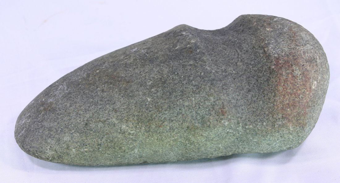 9" 3/4 Groove Axe: Granite example from Ohio with good mineralization and also apparent ochre staining to one side.