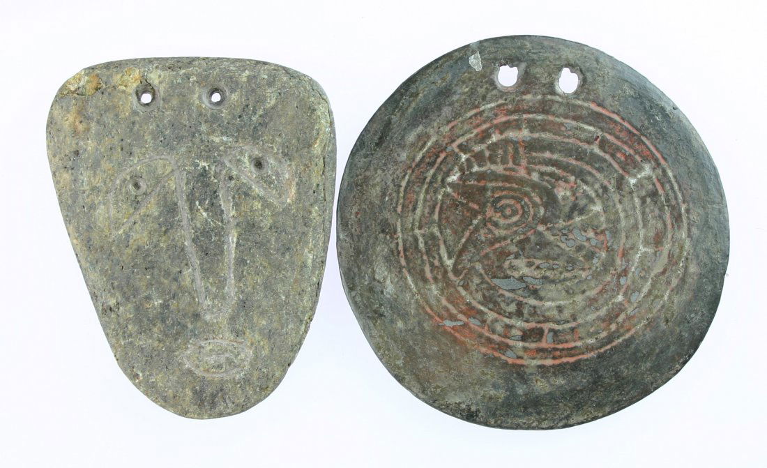 2 Engraved Slate Gorgets - Decorative only: Rattlesnake and weeping eye motifs. We can find no evidence of age - unusal. Decorative Only.