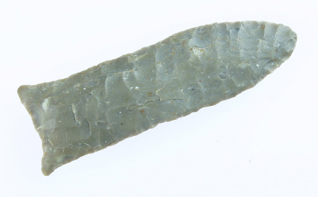 2 13/16" Quad - Davis COA: Found in Ohio. Made of multi-toned gray Hornstone. Nice form. Nicely ground base. Davis COA.