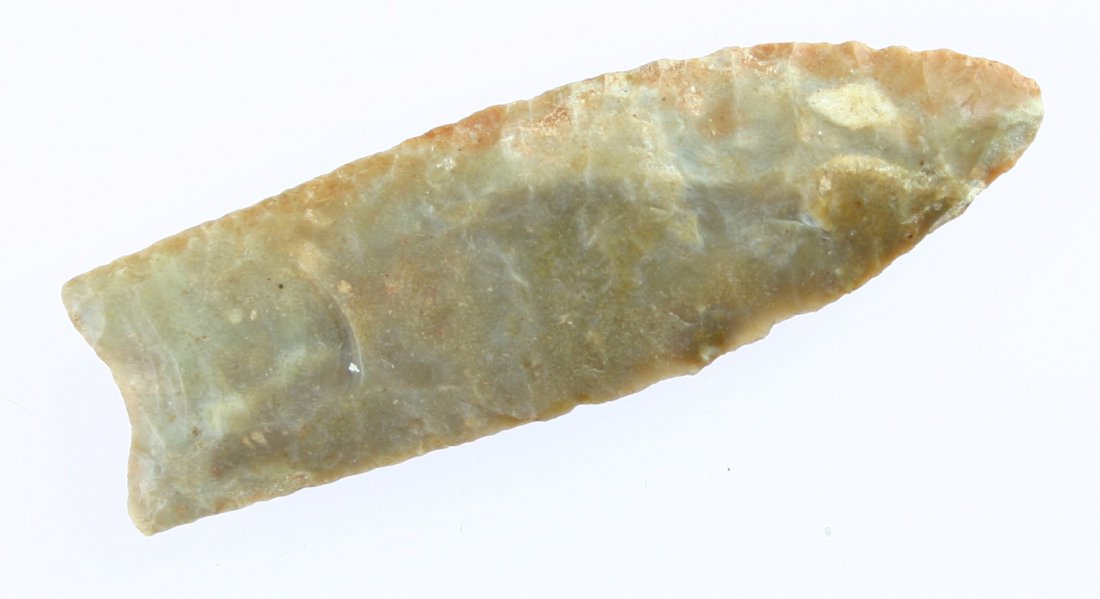 3 1/4" Carter Cave Clovis - Jackson G-10 COA: Auction Highlight!! Gorgeous multi-colored Carter Cave Flint with tons of translucency. Truly Museum Quality. Great flaking. Great flutes on both sides. Madison Co., kentucky. Jackson G-10 COA.