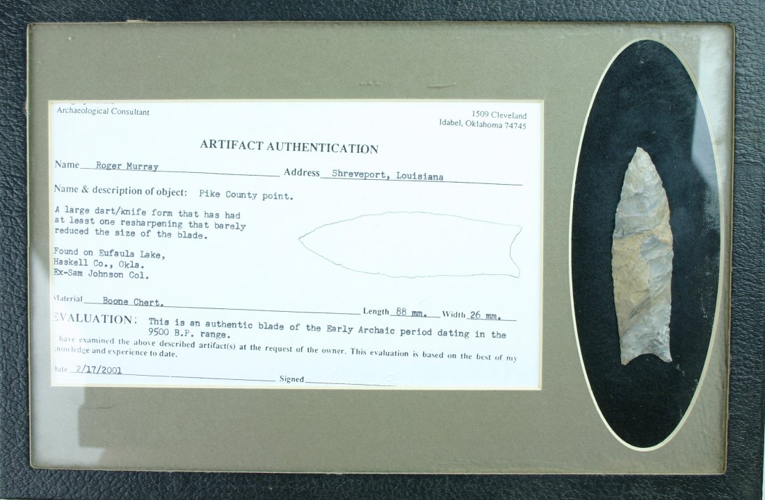 3 1/2" Pike County: Super example found in Haskell Co., Oklahoma. Ex - Sam Johnson, Roger Murray, and Suter Collections. Boone Chert. Good Perino COA dated 2/17/2001