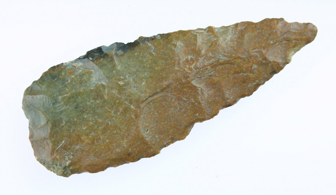4 1/4" Cobbs Triangle: River polished and stained example from Southern Kentucky in a high grade fossil chert. Ex - Carter Estate Collection.