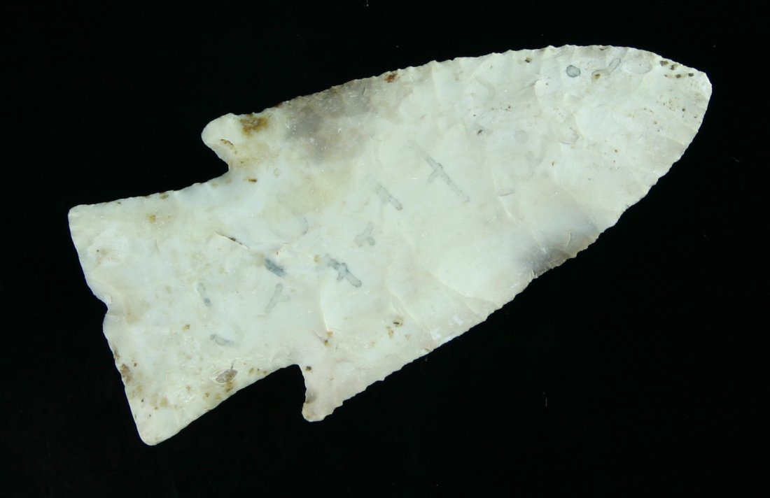 3 1/16' Hardin - Motley COA: Attractive white Burlington Chert with gray splotches. Found in Randolph Co., Illinois by Paul Powley or one of his family members. Motley COA.