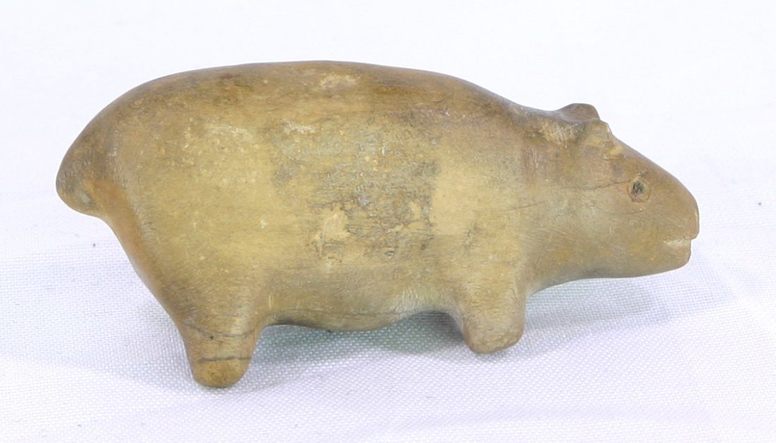 3 3/16" Bear Fetish Carving: Hand-Carved Stone bear in a yellowish hardstone. Exact provenance and age unknown but stylistically could be American Southwest or Alaskan.