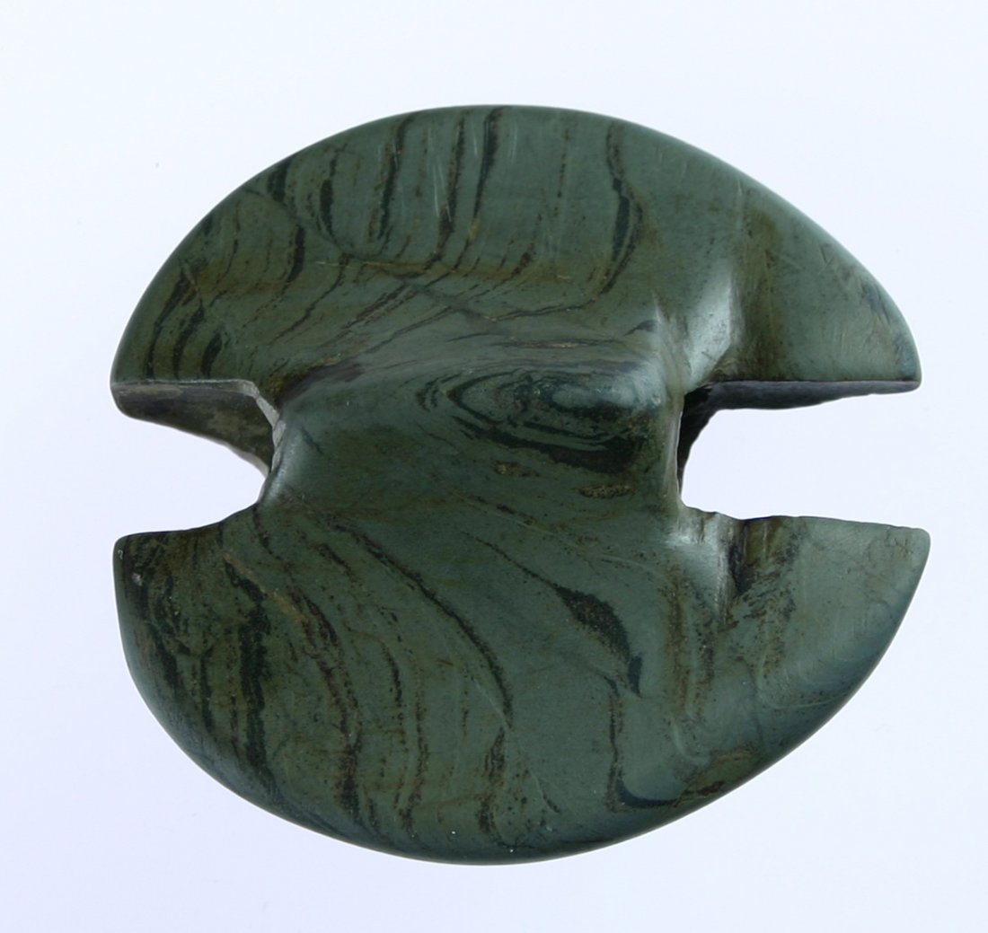 Notched Ovate Bannerstone - Perino COA: A masterpiece for sure. Highly polished banded green and black slate. Virtually perfect condition. Found on the New Berlin Road in Clinton Co., Ohio. Ex- Charles Bingamin Collection. Perino COA dated 