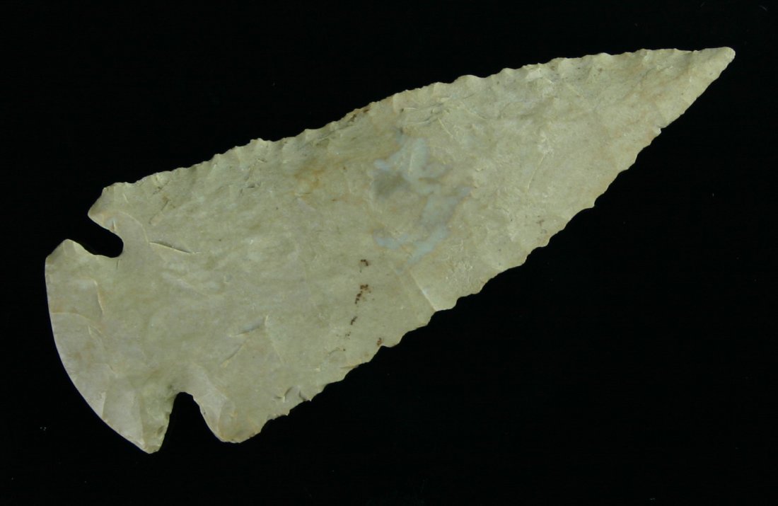 3 3/8" Dovetail: Fort Payne Chert. Nice flaking, serrations, and tip. Kentucky/Tennessee type.
