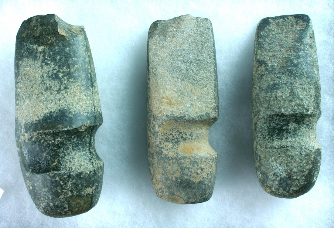 3 Hohokam 3/4 Groove Axes: Nice selection of Diorite Hohokam Axes in varying condition. Ex - Joe Cooper Collection and collected in the 1950's. Largest 6 1/8"