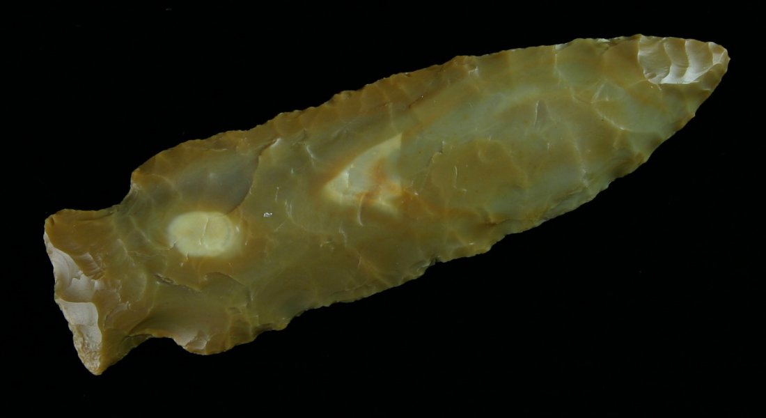 3 7/8' Benton - Davis G-8 COA: Large and pretty example in a glossy high grade fossil chert. Great addition to your Tennessee frame. Davis G-8 COA.