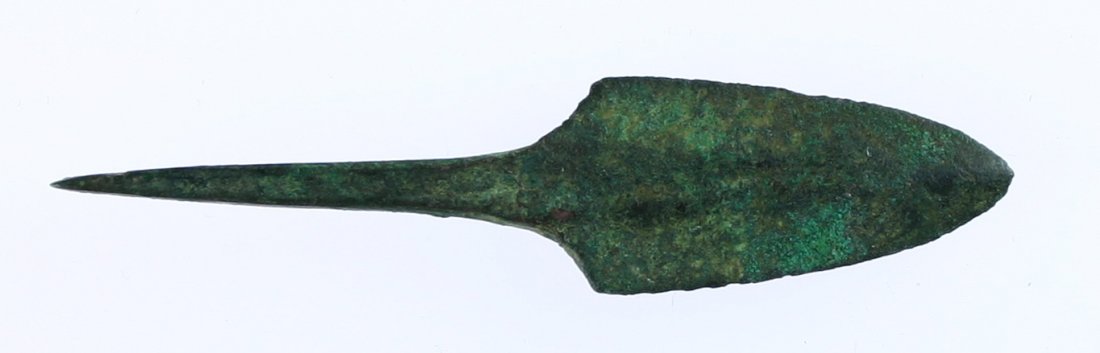 3 1/16" 2nd Century Roman Bronze Spear: Superb example in classic 'rat-tail' form. Very stable bronze (not iron) with excellent weight and old greenish patina. From Old Los Angeles Collection. Dates to 2nd Century Roman Empire.
