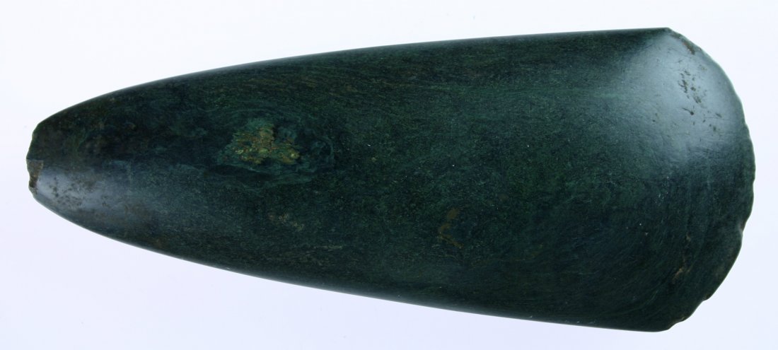 6 11/16" Taino Greenstone Celt: Superb serpentine example with evidence of use on both ends (one as a celt, the other probably as a chisel) from the Caribbean. Highly polished.