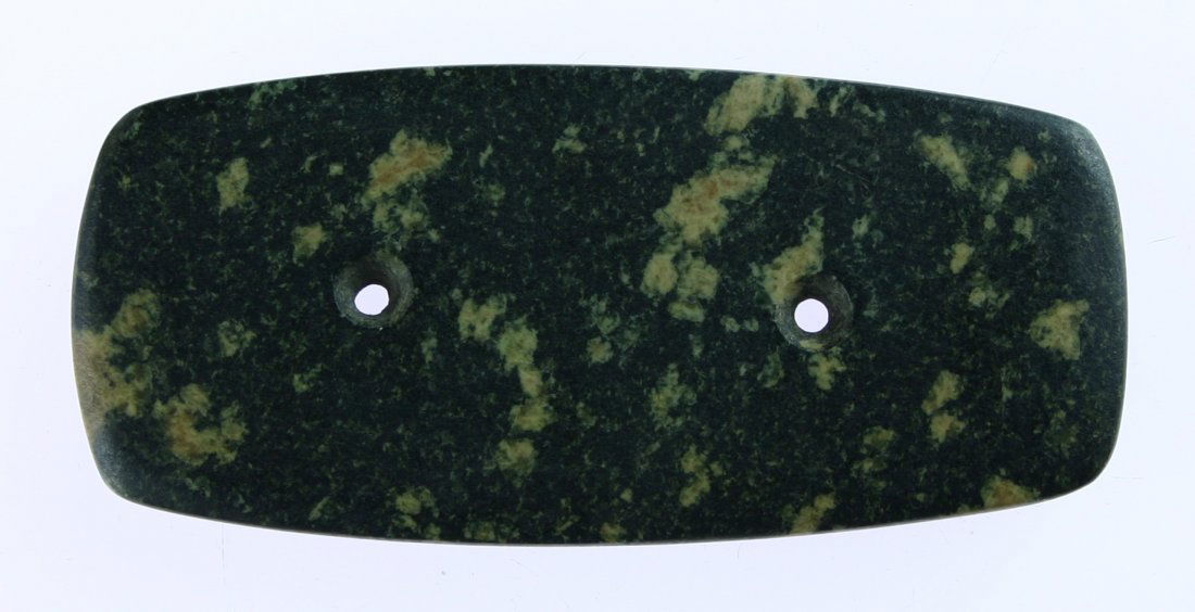 3 5/8" Porphyry Gorget: Calhoun Co., Illinois example in a stunning black and crem Porphyry. Previously of an old NY estate and collected prior to 1960.