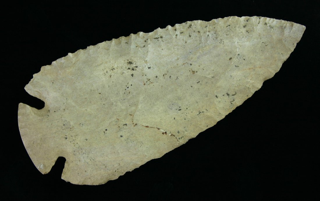 4 1/2" Dovetail - Jackson COA: Extremely well made. Very thin for the type. Tan Fort Payne chert loaded with minerals. Found in Harrison Co., Kentucky. Ex- Kuster Collection. Jackson COA.