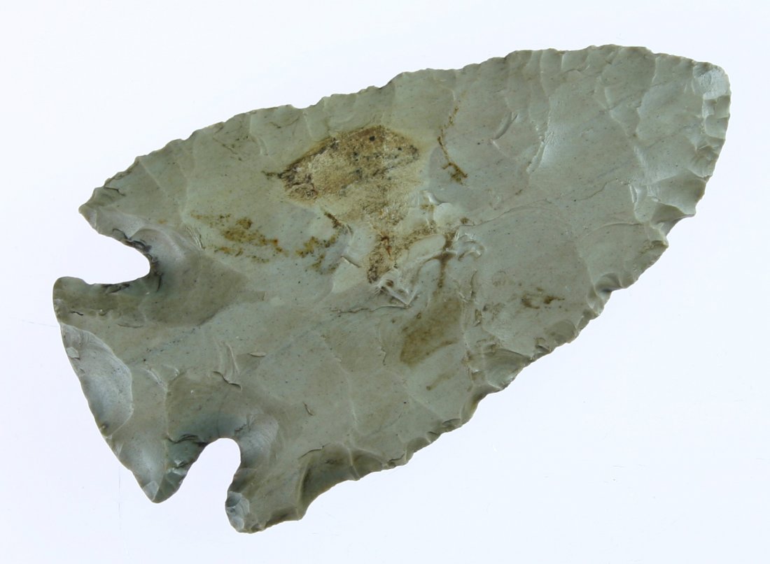 3 3/8" Lost Lake: Nice big example made of glossy gray Hornstone. Ohio. Last sold by Dave Rowlands.