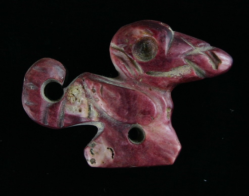 1 7/8" Chavin Bird effigy Pendant/Adorno: Gorgeous example carved from a purple and cream shell. Chavin Culture of Northern Peru. Grandfathered from an old estate.