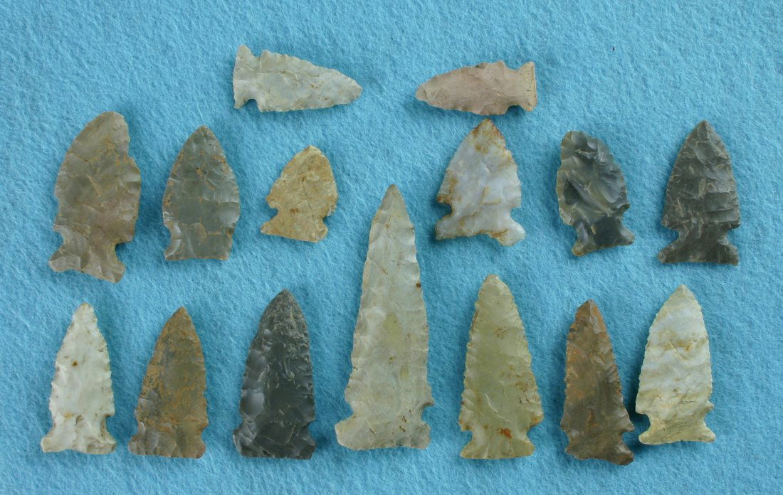 15 Mostly 'Big Sandy-type' Side Notched Points: Biggest is 3 1/16". Excellent dealer lot. All recovered in Tennessee.