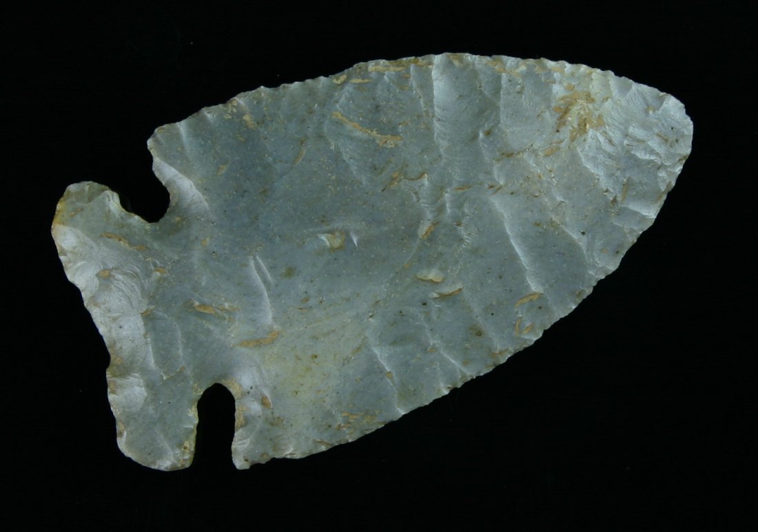 2 5/8" Thebes: Ultra thin and made of two tone cream and gray Hornstone. Really fine. Found near Leavenworth, Indiana. Ex- Robert Fitzpatrick, Jon Dickinson, and Rod Michel.
