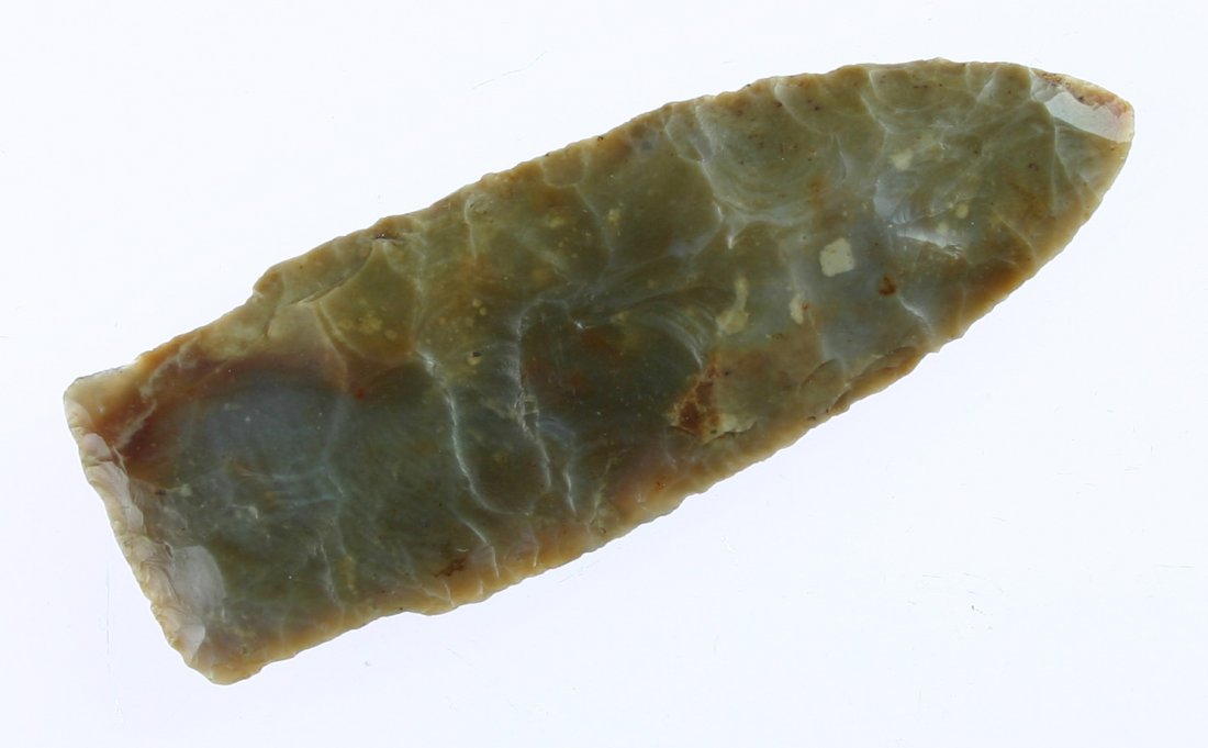 3 1/4" Stringtown Lance - Davis G-9 COA: Gorgeous caramel colored Carter Cave Flint with tons of translucency. Thin and superb. Found in Licking Co., Ohio. Estimated by Davis @ $1000-1500. Davis G-9 COA.