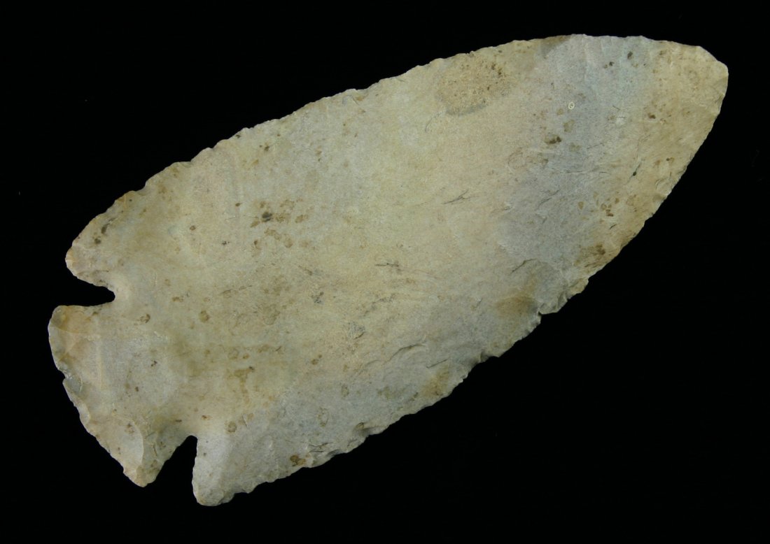 4" Dovetail - Meadows COA: Thin and well executed in tan and cream Burlington Chert. Near first stage form. Ex- John Adams Collection. Johnson Co., Iowa. Meadows COA.