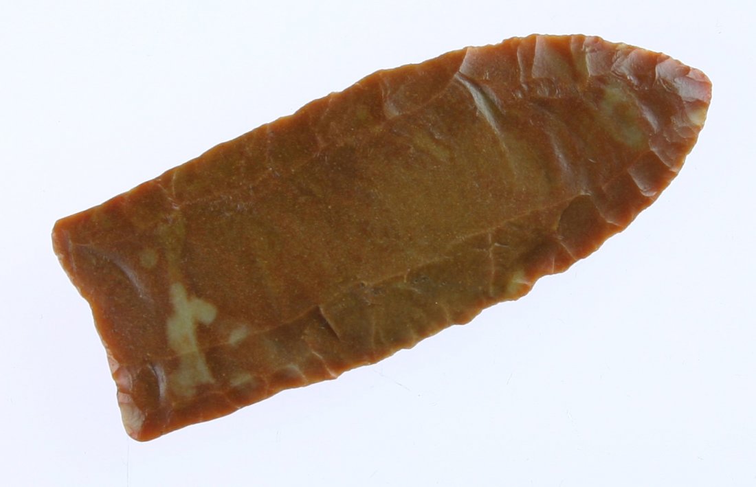 2 3/4" Clovis - Jackson G-9 COA: Fluted to the tip on one side, 30% on one side. Colorful Carter Cave Flint example from Central Kentucky. Jackson G-9 COA.