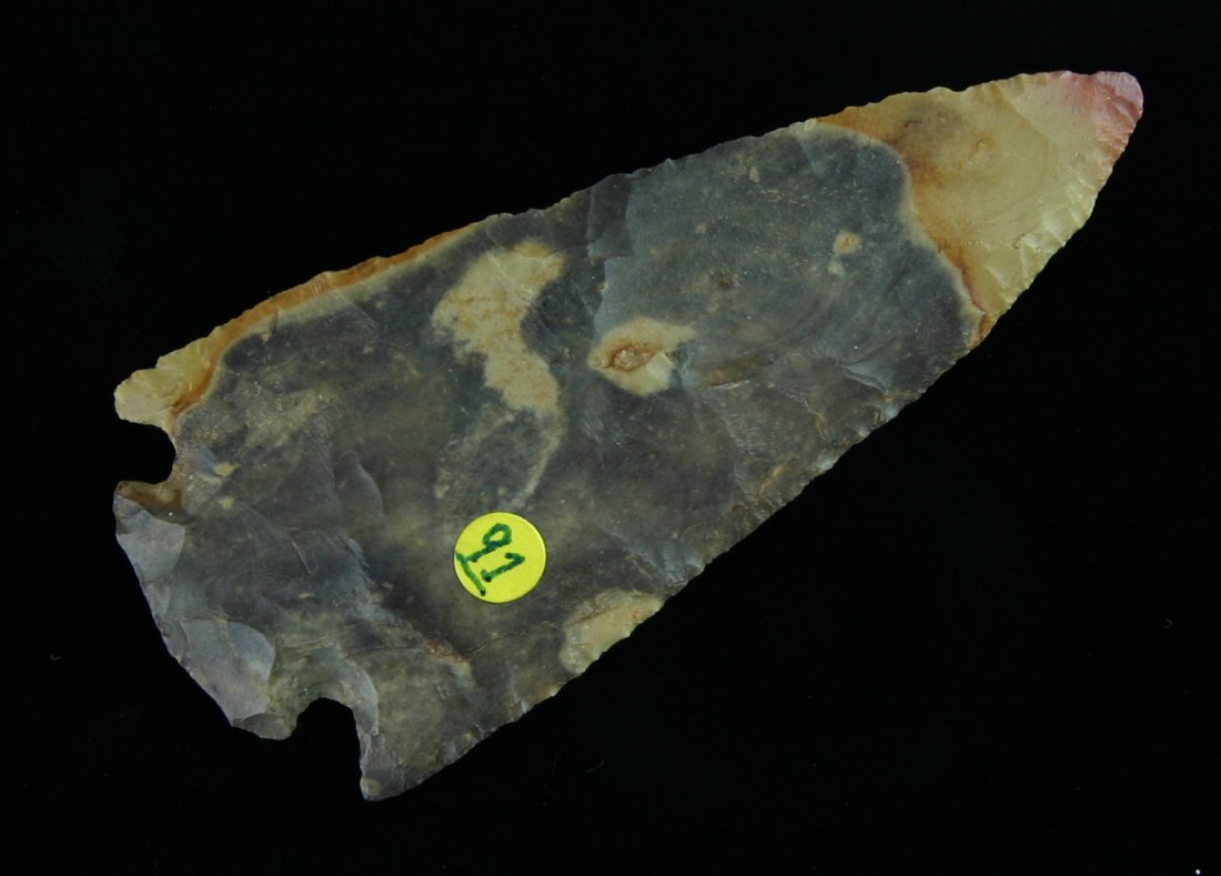 3 1/8" Corner Notched point - Ex John Delime: Gorgeous Buffalo River Chert. Thin and excellent intentionally fractured base example. Ex- John Delime, John Parker, Tom Davis, and Rocky Hall Collections. Tennessee.