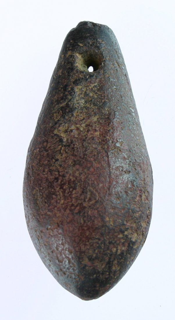 3 1/8" Drilled Hematite Plummet: Arkansas example with drilling. Godar Variety. Marked with site number (illegible).