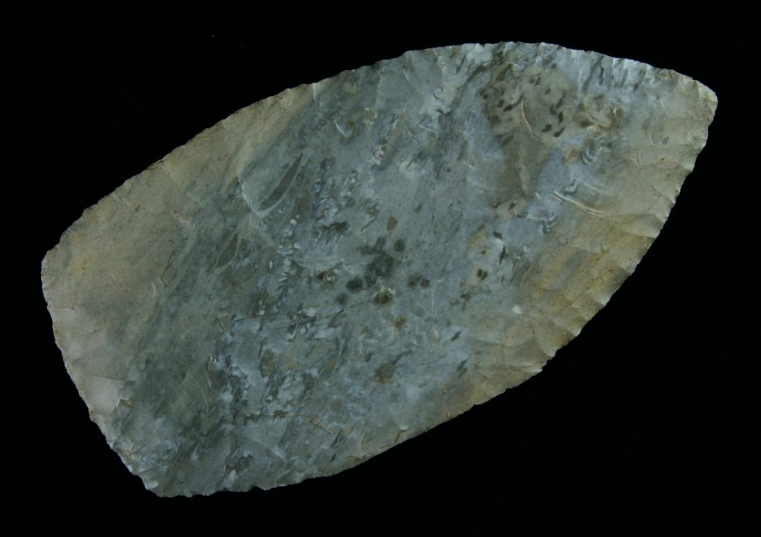 Ultra Thin 4" Red Ochre Blade - Motley COA: Extremely pretty example made of multi-colored Boone Chert from Washington Co., Arkansas. Ex- Jason Hanna Collection. Roy Motley COA and written appraisal @ $225-325 executed 11-27-09.