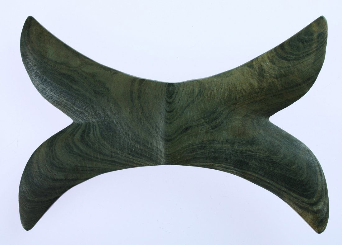 4 5/16"x6 1/16" Double Crescent Bannerstone: Green Banded Slate example from Northern Ohio formerly of the Buck Collection. Very nice and rare style.