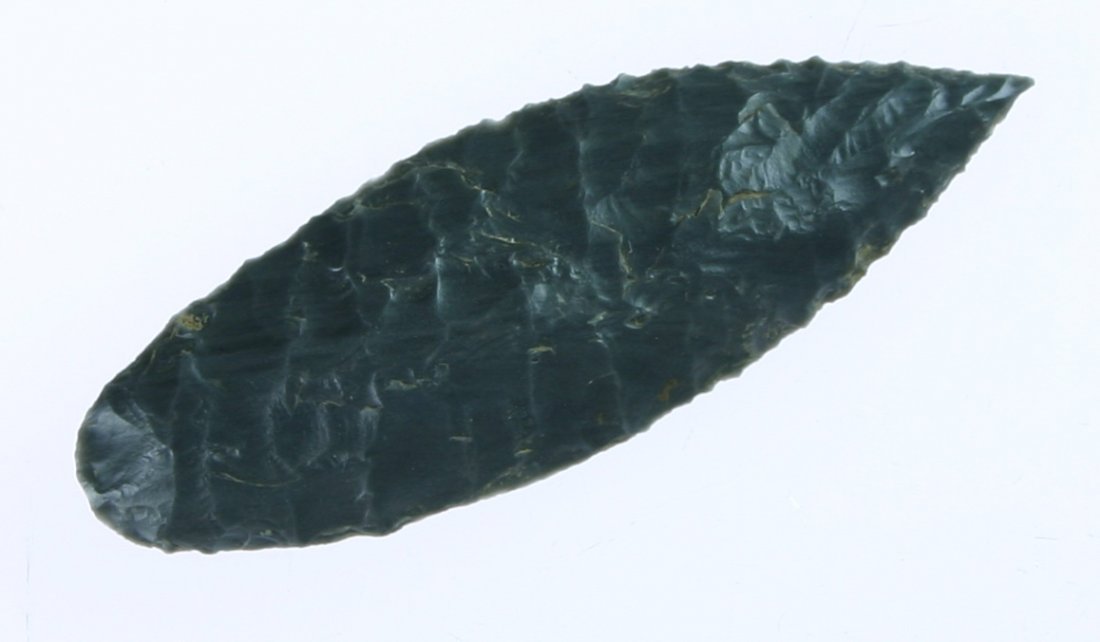 2 7/16" Cascade - Ex- Dewey Dietz 'Paulina Cache': Great flaking and a needle tip. Obsidian. Part of the famous 2000+ piece 'Paulina Cache' found by Dewey Dietz in Oregon in the 1960's.