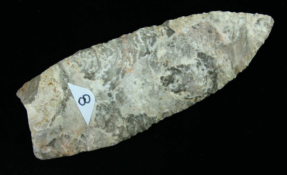 4 3/8" Clovis (unfluted) Knife: Unfluted example featuring Outre-Passe flaking and bifacial resharpening pattern indicative of Paleo origins. Very pretty gray and cream Prairie Du Chein chert. Found by Ernest Schug in Waukesha Co.,