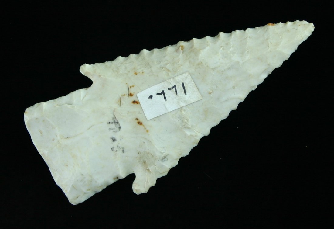 2 13/16" Hardin - G-9 Jackson COA: Superb lightly serrated example from Illinois in a creamy burlington chert. Jackson G-9 COA. Great buy!