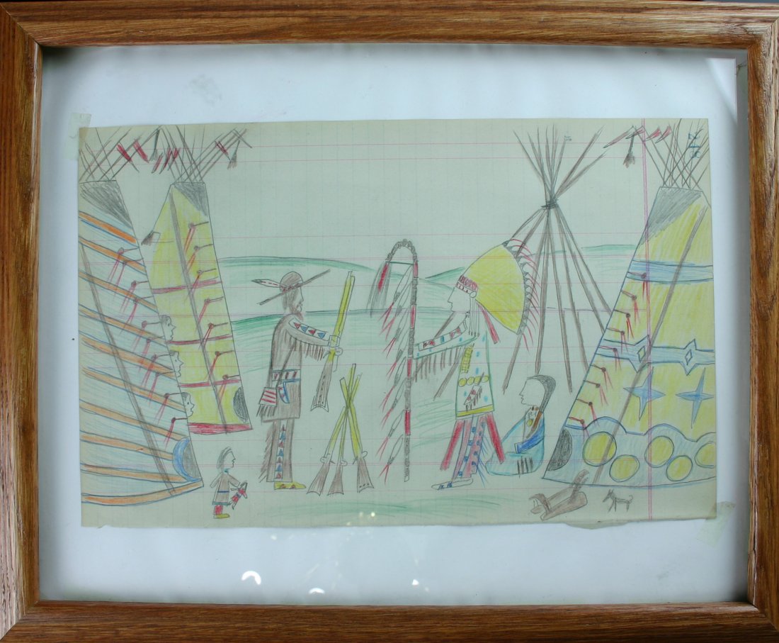 12 1/8" X 7 7/8' Native American Ledger Drawing: Highly detailed. Great scene. Pioneer and Indian Chief trading guns, etc. Teepees, 4 full figures, 3 partial, a small dog, a saddle, and more. Lots of color. Truly a fine example. Nicely framed in a l