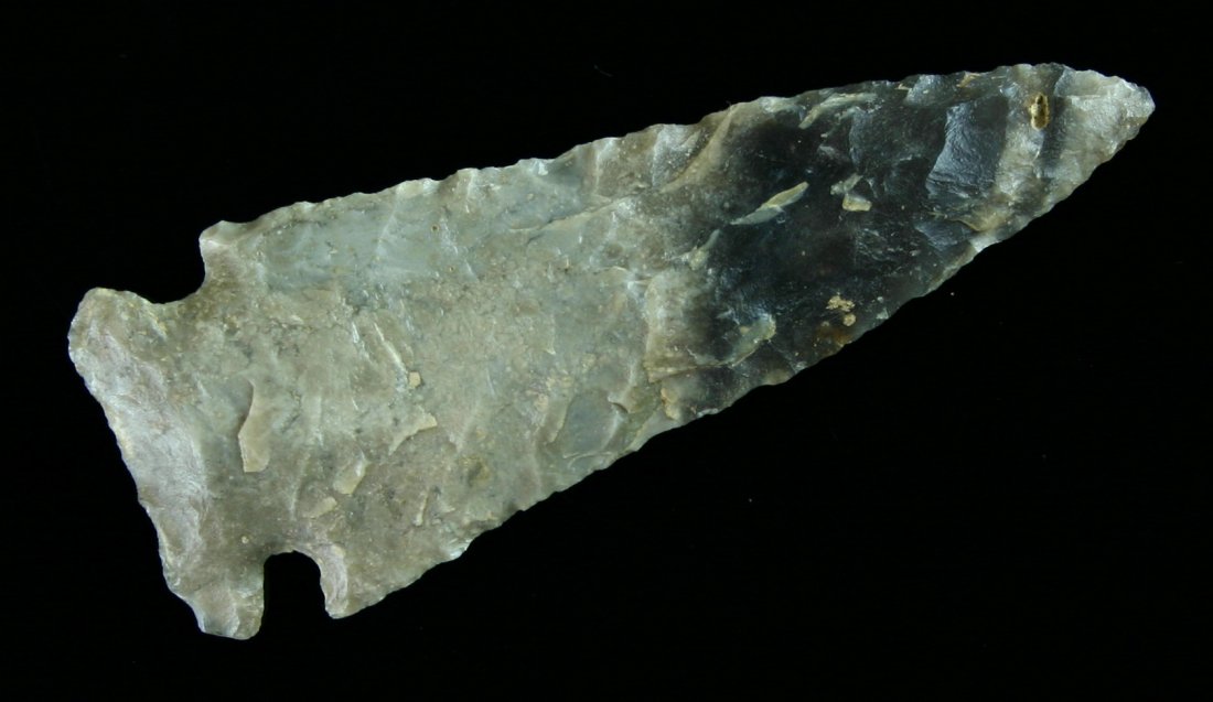 3 7/16" Ohio Corner Notch: Translucent and pretty high grade Flint Ridge Chalcedony. Found near Fort Recovery, Ohio. Last sold by Jim bennett.