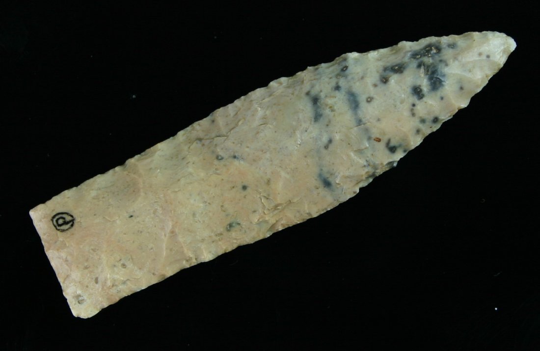 3 1/4" Agate Basin - Perino COA: Extra pretty Jefferson City Chert. Found in Missouri. Ex- Dick Combs and Lyle Nickel. Perino COA dates to Late Paleo period 10,000 B.P. range.