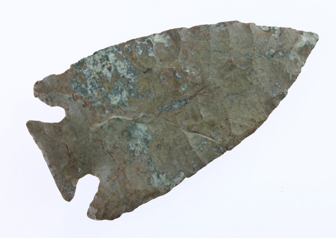 3 1/2" Kirk Corner Notched - Davis & Partain COA's: Beautiful arrowhead expertly crafted. Thin and excellent. Early stage form. Mottled browns, gray, and cream Fort Payne Chert. Davis G-8 and Partain COA's.