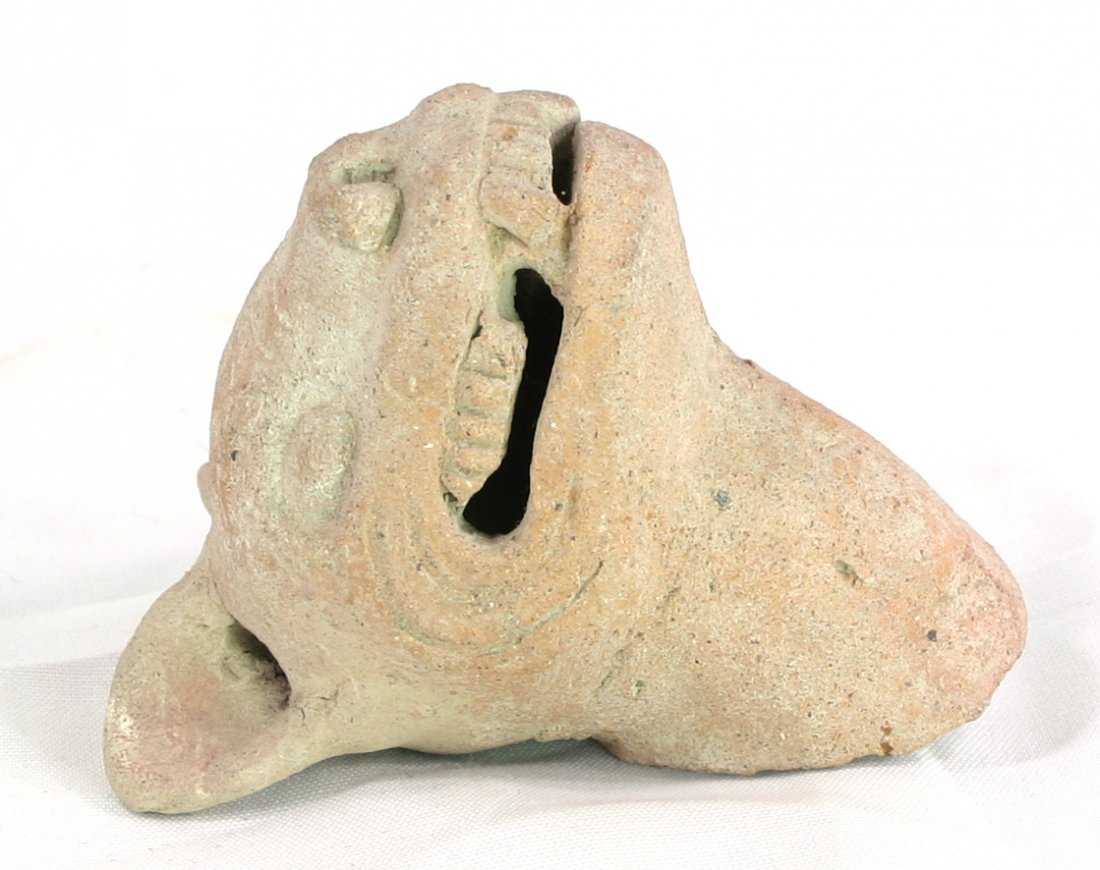 4" Jaguar Head Pottery Fragment.: Rattle head example originally part of a much larger vessel. Mayan or other Central American Culture. Prehistoric.