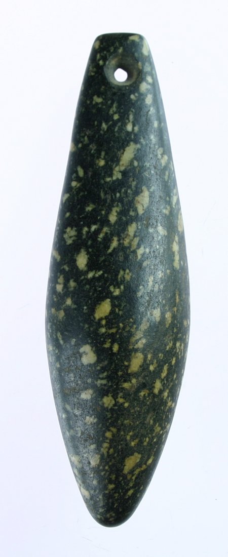 4 3/16" Gorgeous Porphyry Drilled Plummet: Missouri/Illinois example in a black and white porphyry. Acquired from an old NY estate and collected prior to 1960. Excellent polish.