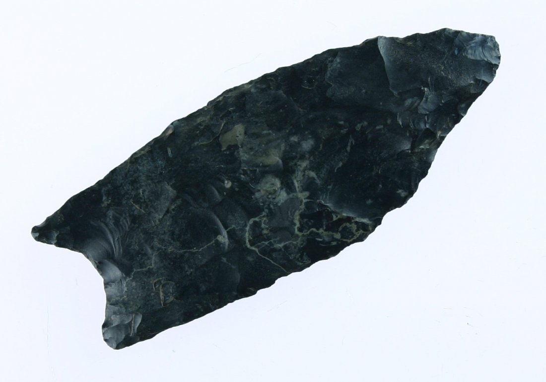 3" Coshocton Clovis - 3 COA's: Pretty Coshocton Chert in pretty shades of dark blues with white veining. Found in Union Co., Ohio. Davis, Partain, and Putty COA's.