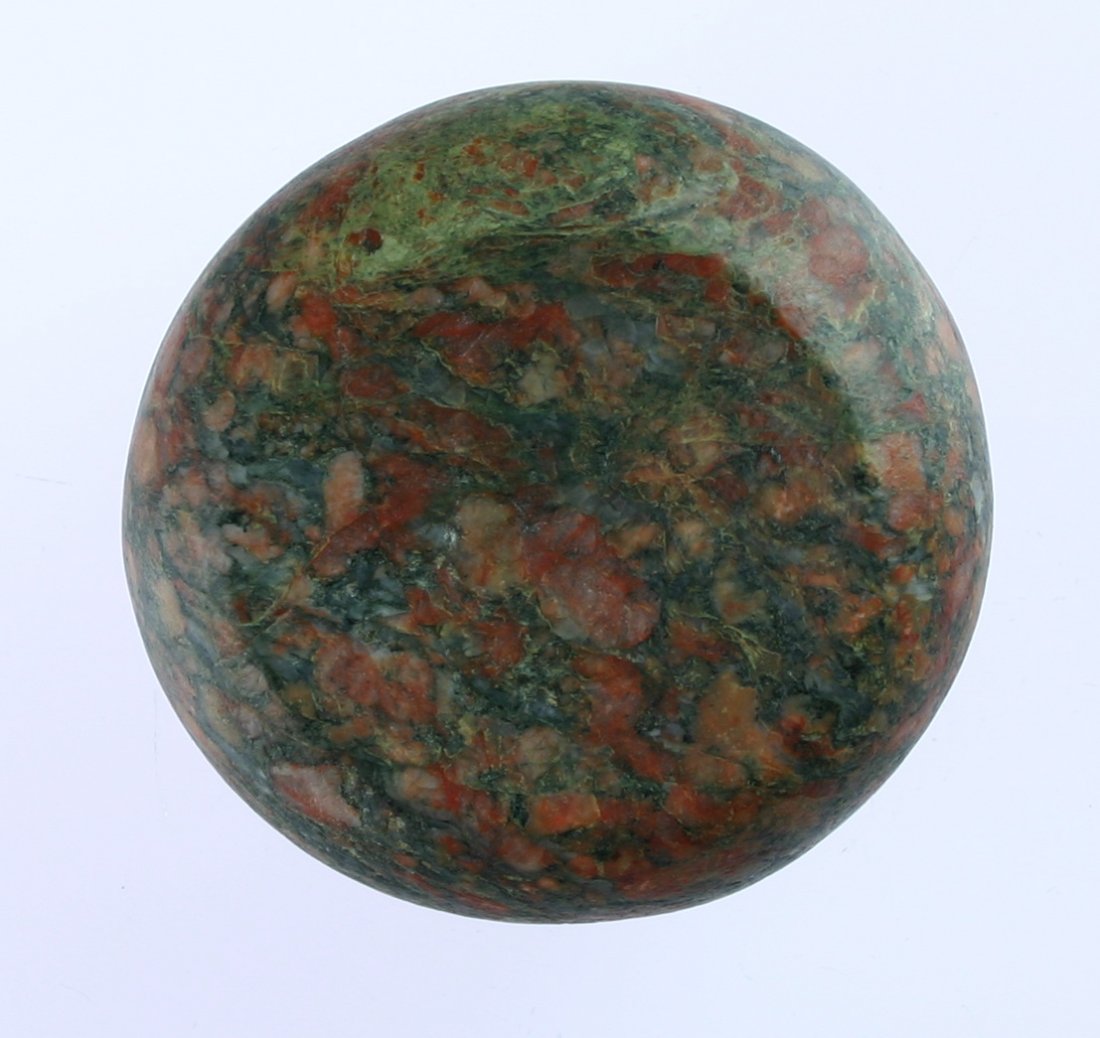 2 1/2"x2 1/2" Discoidal - Bennett, Hanna/Puttera: Colorful red white and brown/black Porphyry example from Kokomo, Indiana. Ex - Jason Hanna Collection. Bennett and Hanna/Puttera COAs.
