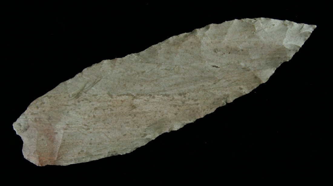 4 1/16" Paleo Lance from Jay Co., Indiana: Attractive banded mauve and tan Jeffersonville Chert. Needle sharp tip still intact. Found in Jay Co., Indiana. Last sold by Jim Bennett.