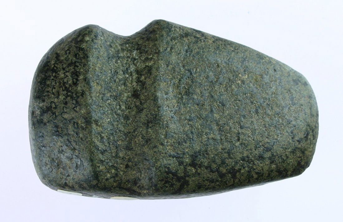 3 13/16" 3/4 Groove Axe - G-10 Davis COA: Pretty speckled cream and green Granite with nice high polish over its entirety. Attractively written on axe - 'Found in Pettis Co., Missouri along Muddy Creek by Virgil Gearheart'. Ex- Theler and Wes