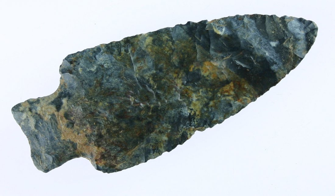 2 7/8" Heavy Duty - Perino COA: Terrific multicolored Coshocton flint example. Found in Muskingum Co., Ohio. Ex- Jim Curtis and Ed Rowe. Perino COA.