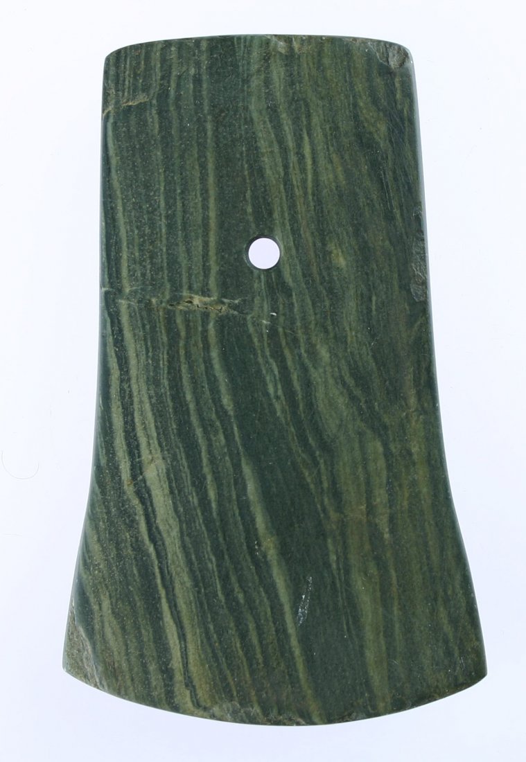 4 3/16' Bell Shaped Pendant - Davis & Jackson COA's: Extra pretty green and cream banded slate. Very thin. Found in Ohio. Jackson and Davis COA's.