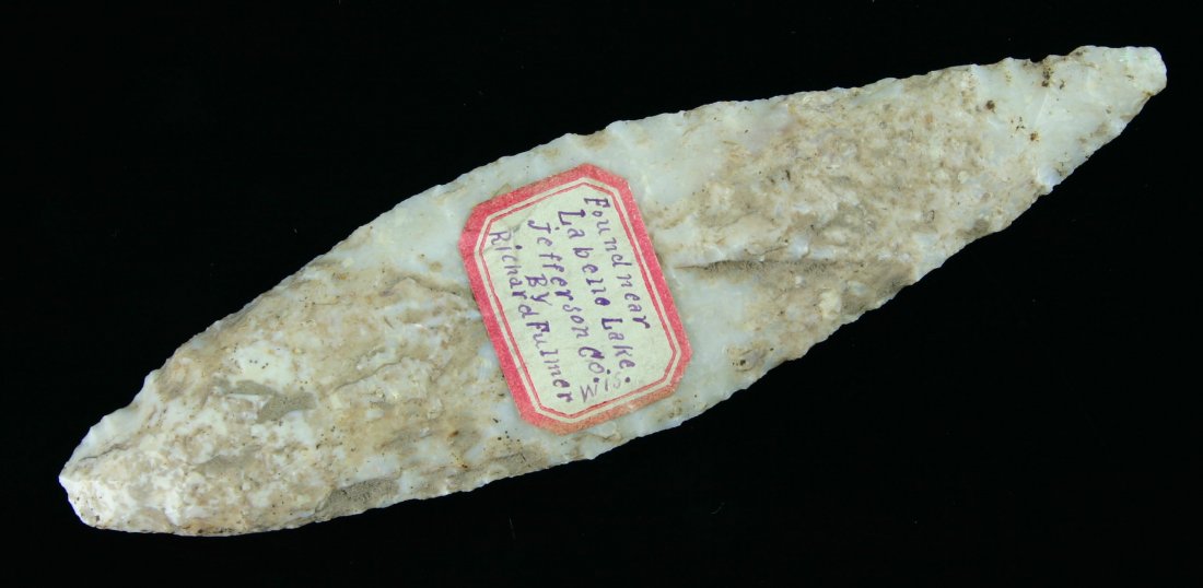 5" Bipointed Knife: Found near LaBelle Lake in Jefferson Co., Wisconsin by Richard Fulmer and formerly of the Schug Family Collection. High grade Fossil chert.