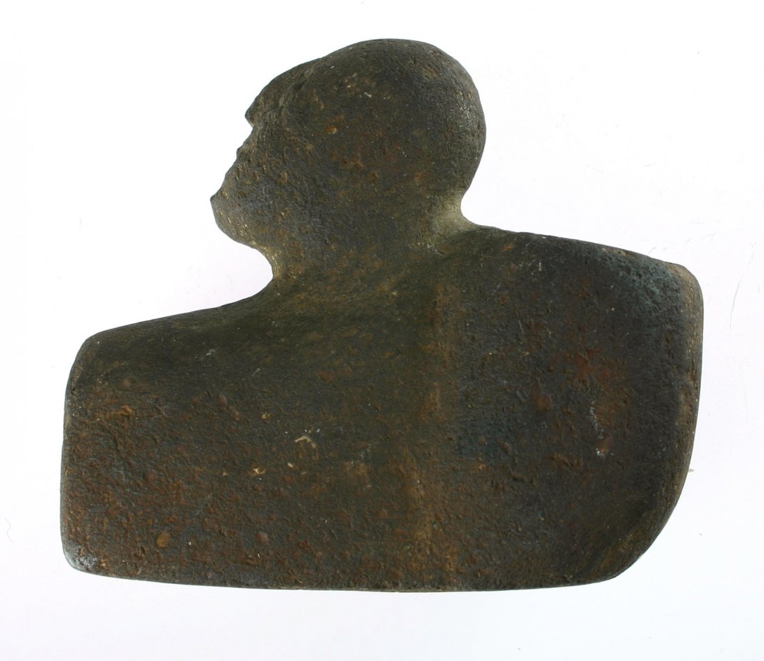 4 1/4" Sandstone Effigy Elbow Pipe: Human Head Effigy pipe formerly of the Theodore Kouba Collection and found near Wild Rose, Waushara Co., Wisconsin in 1931. Sandstone with ochre staining. Woodland period approx 1,500-2,000 years old.
